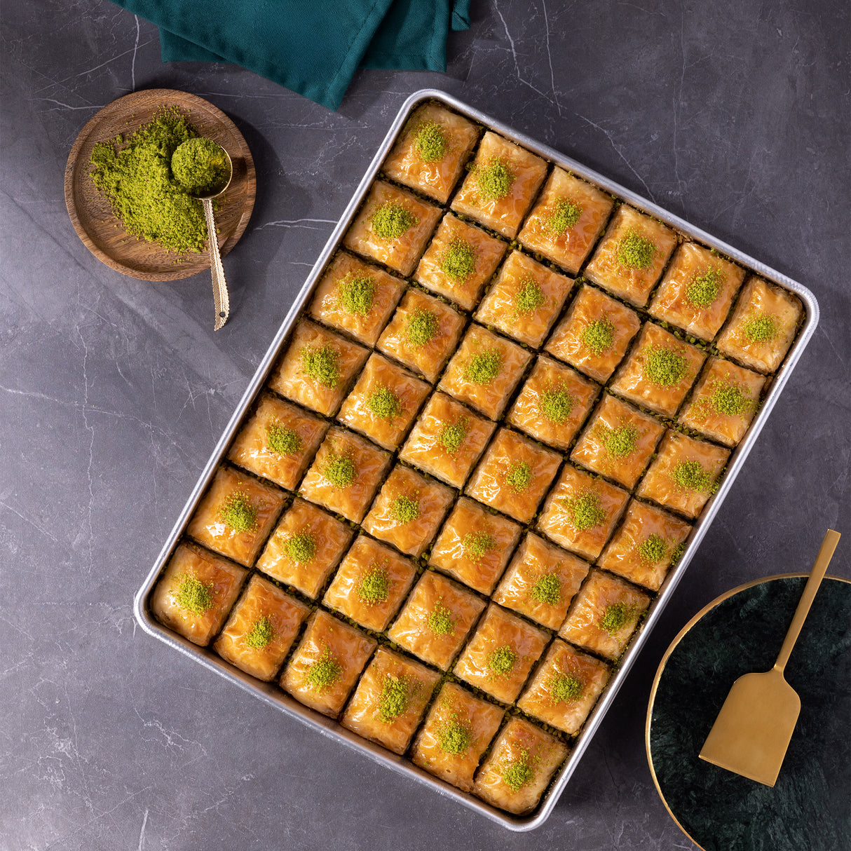 Square Pistachio Baklava on the Tray